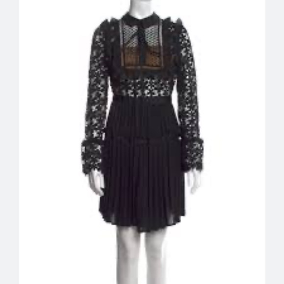Self-Portrait Black Guipure Lace & Organza Trim Pleated Adeline Dress 4 - Picture 11 of 13